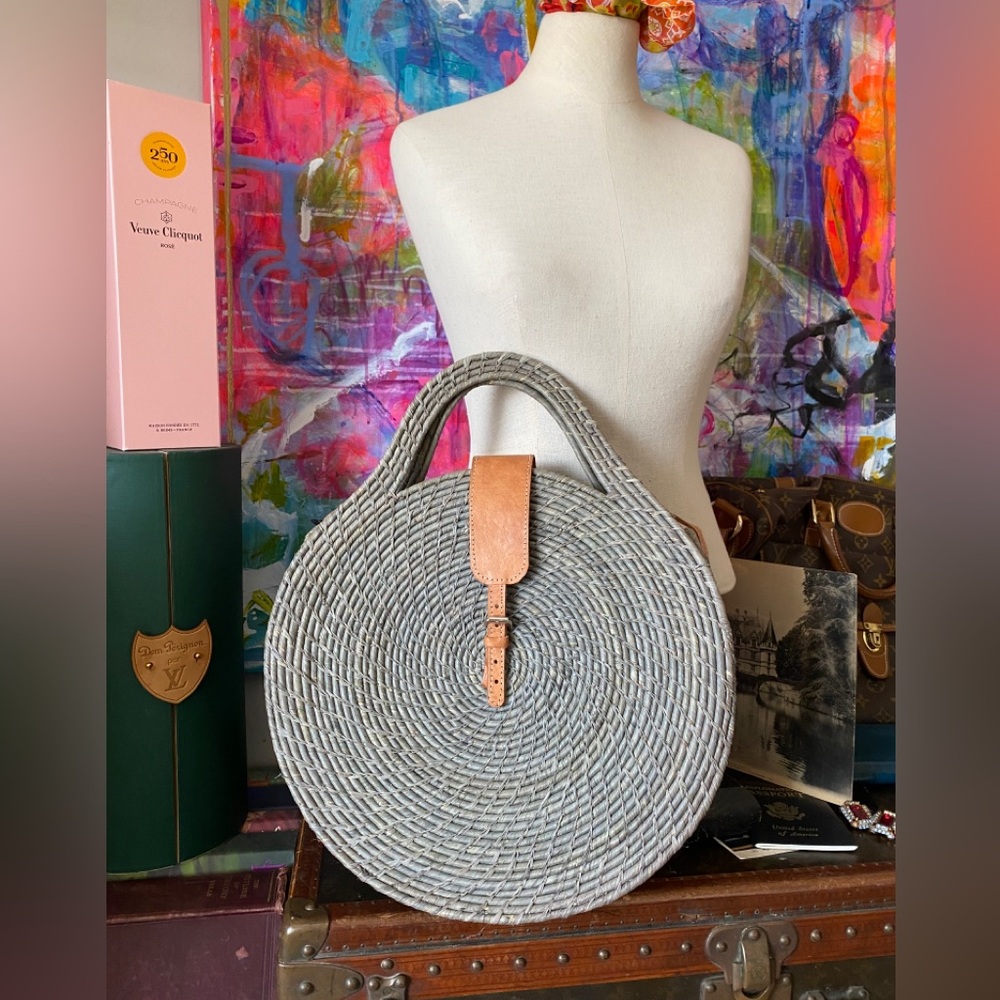 Beautiful Handcrafted Boutique 2 Way Raffia  & Leather Purse Handbag Beach Tote